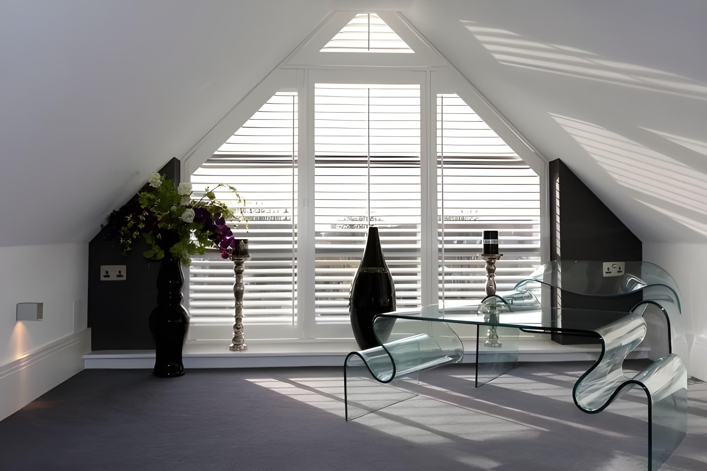 Plantation shutters for loft and gable windows
