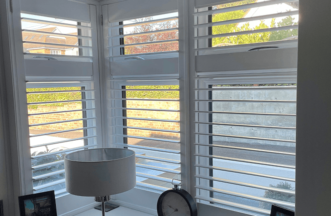 Plantation shutters for square bays