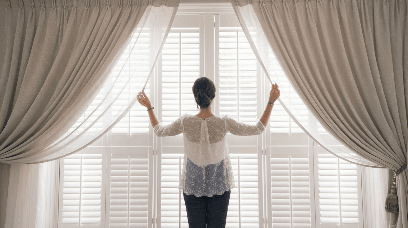 Do curtains go over shutters?